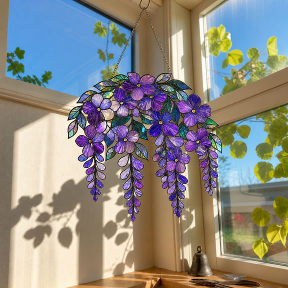 Purple Wall Decor Acrylic Suncatcher, Stained Glass Floral Window Hanging