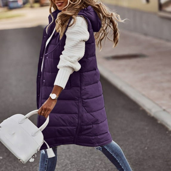 Purple Warm Winter Coats, Polyester Women's Plus Size Vests, Womens Winter Sleeveless Coat Vest Long Hoodie Warm Down Coat With Pockets Quilted Outdoor Jacket, S