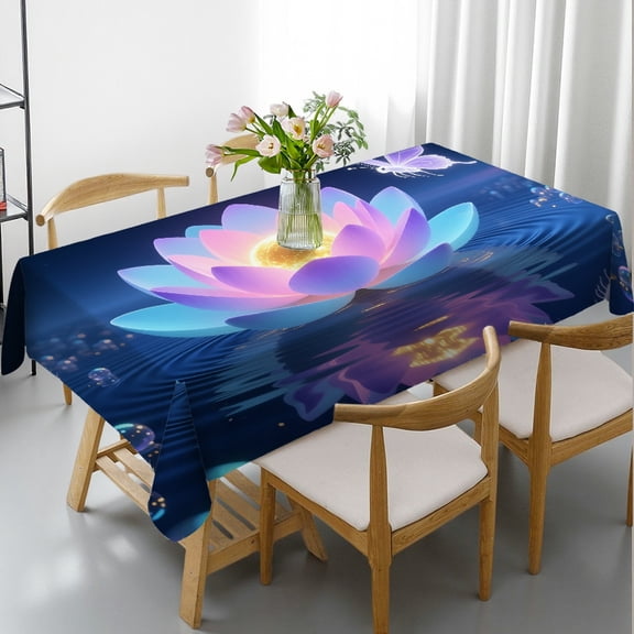 Purple Water Lily and Dragonfly Rectangular Tablecloth, Polyester Tablecloths - 2D Flat Printing Tablecloths for dining table, Cafe, dinner,picnic, wedding, party