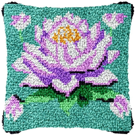 Purple Water Lily Latch Hook Pillow Cover Kits for DIY Handmade Throw Pillow Cross Stitch Latch Hook Pillowcase Rug Kits with Preprinted Color Pattern Canvas Crochet Yarn Kits 17''X 17''(bs2)