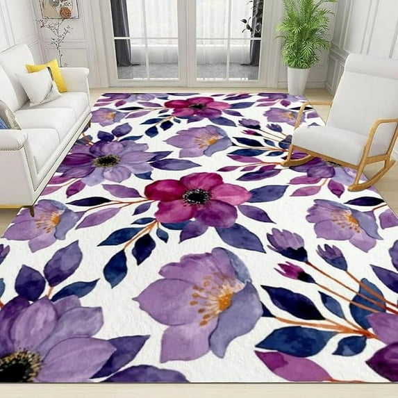 Purple Watercolor Floral Art Area Rug, European Abstract Orchid Large Carpet, With Non-Slip Backing Indoor Rugs For Living Room Bedroom Kitchen Laundry Home Office 4 x 5ft