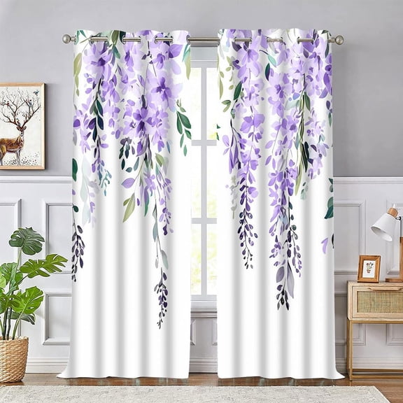 Purple Watercolor Floral Curtains 84 inches Long, Botanical Leaves Vine Wisteria Flowers Rustic Farmhouse Curtains, Blackout Window Treatment Drapes for Bedroom Living Room 42x84inch, 2 Panels