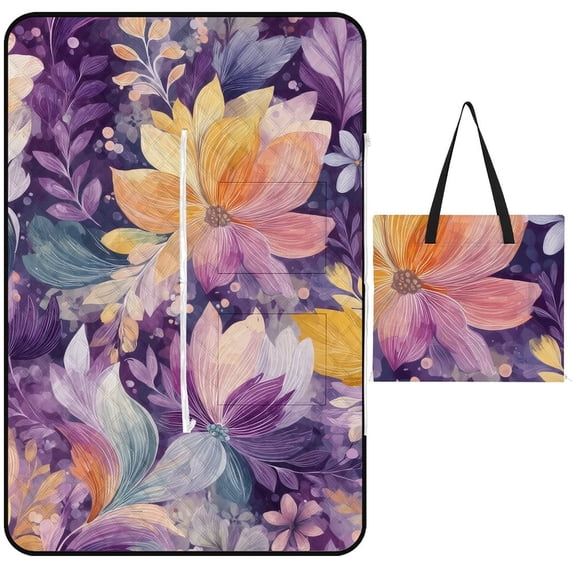 Purple Watercolor Floral Seamless Pattern Picnic Blanket Waterproof Outdoor Beach Blanket Hand-held Pad Suitable for Travel, Camping, Beach, Family Gatherings