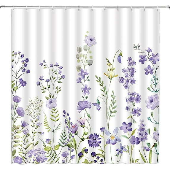 Purple Watercolor Floral Shower Curtain Lavender Flower Spring Blossom Plant Lilac Wisteria White Home Decor Fabric Bathroom Curtain Set with Hooks(84" Wx70 H)