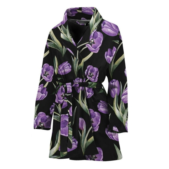 Purple Watercolor Tulip Pattern Women Bathrobe One Size Univeral Fits Fashion Lightweight Plush Fleece Long Robe For Women