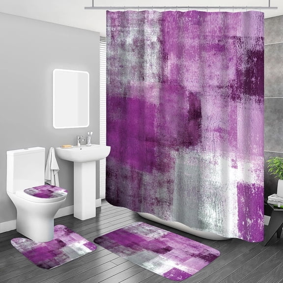 All Smiles Bathroom Sets Purple Shower Curtains with 12 Hooks Large Bath Mat, Toilet Lid Cover and U-Shape Rugs for Home Hotel Decor