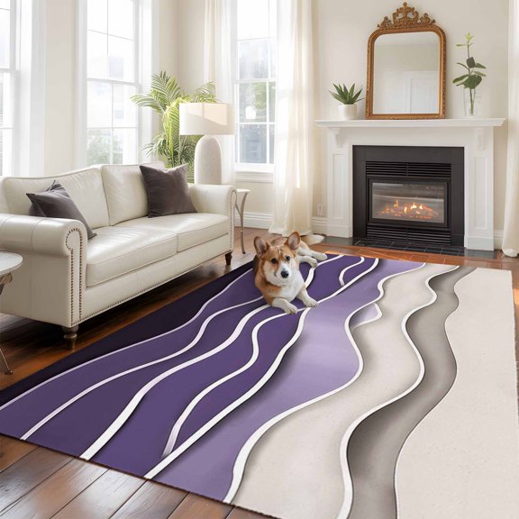 Purple Wave Area Rug 5x7 FT, Non Slip Bedroom Throw Carpet, Coastal Ombre Ocean Grey Stripes Beach Sand Washable Soft Floor Carpet Non-Shedding Rug for Dining Room Bedside Classroom Desk