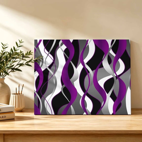Purple Wave Line Canvas Wall Art, Modern Black Gray White Striped Gradient Wall Art Prints Artwork Framed Canvas Ready to Hang Art Pictures for Bathroom, Dressing Table, Entryway 12" x 8"