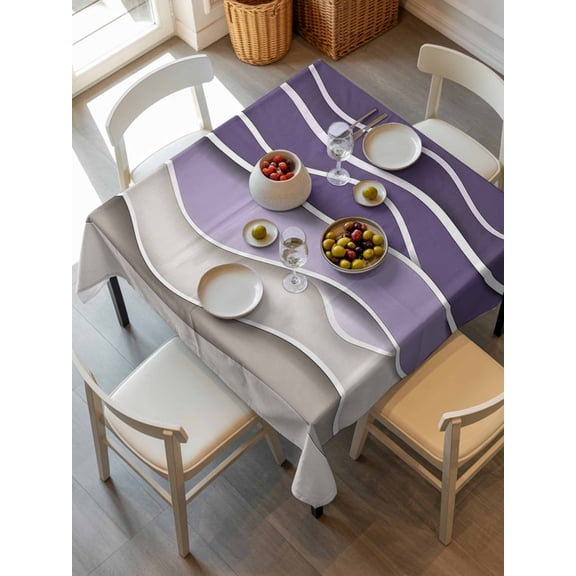 Purple Wave Tablecloth Square Table Cloth 54x54, Waterproof Tablecloth Outdoor Table Cloth, Coastal Ombre Ocean Grey Stripes Beach Sand Washable Table Cover for Kitchen Dinning Party