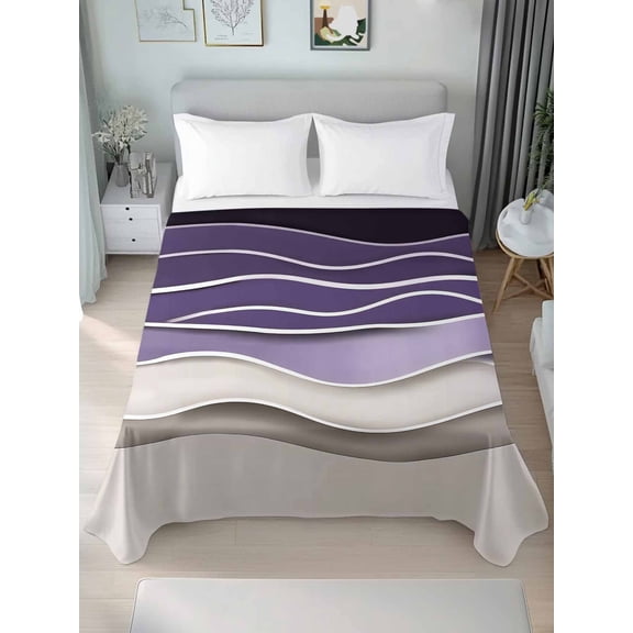 Purple Wave Twim XL Size Flat Sheet, Wrinkleproof & Fadeproof Cooling Flat Bed Sheet Only, Coastal Ombre Ocean Grey Stripes Beach Sand Breathable Soft Bedding Top Sheets 66 x 102 Inches