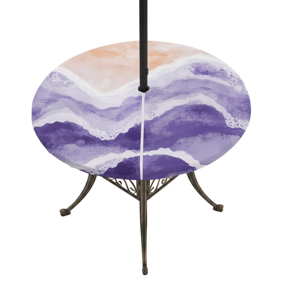 Purple Waves Coastal Round Outdoor Tablecloth with Umbrella Hole Zipper, PurpleOmbre Summer Beach Oceans Elastic Fitted Table Cover, Waterproof Table Cloth for Patio Picnic Party Fits 31"-35"