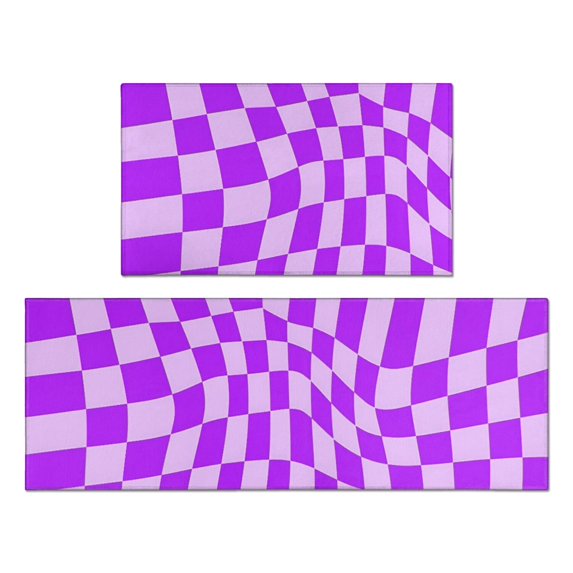 Purple Wavy Checkered Pattern Anti Fatigue Kitchen Rugs Set Of 2, Non Slip Washable Decorative Floor Mats for Kitchen Sink Laundry, 17"x30" and 17"x47"