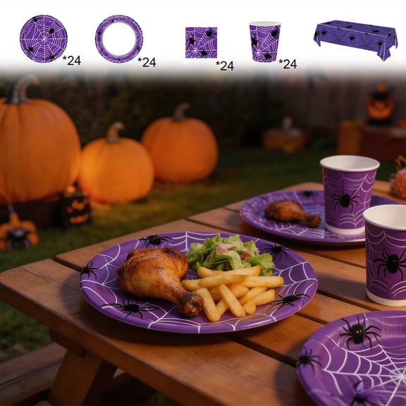Purple Web Halloween Disposable Paper Plates and Cups Set, Spooky Party Tableware Supplies, Complete Kit for Halloween Parties, Festive Occasions and Holiday Gatherings, Paper Cup