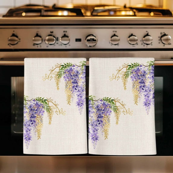 Purple Weeping Floral Kitchen Towels Set of 4, Spring Summer Pastoral Flowers Rustic Absorbent Dish Towels for Kitchen, Microfiber Hand Towel, Quick Drying Tea Towel for Cleaning Dishcloths