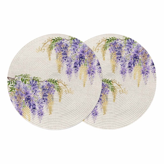 Purple Weeping Floral Round 13 Inch Placemats Set of 2, Spring Summer Pastoral Flowers Rustic HeatResistant Non Slip Place Mats for Dining Table, Wipeable Braided Kitchen Table Mats for Housewarming