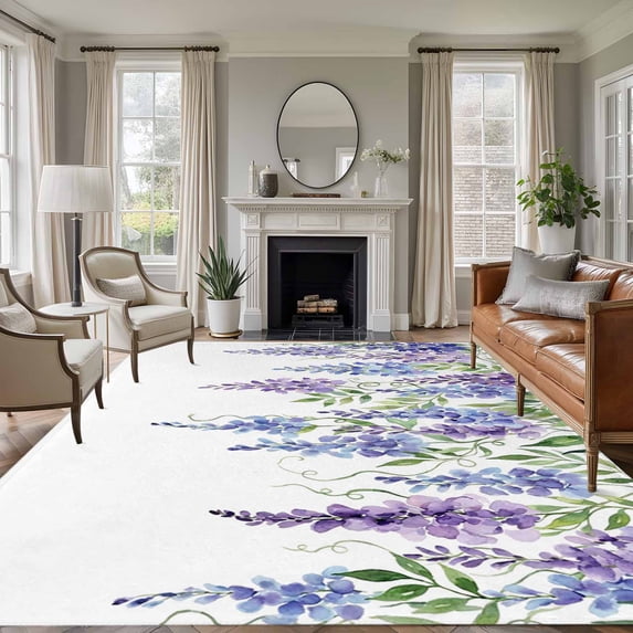 Purple Weeping Flowers Area Rugs 5'x8', Washable Small Throw Rugs for Classroom Bedroom, Spring Floral Elegant Pastoral Indoor Outdoor Rug Non-Slip Low Pile Carpet Runner Reversible Floor Mats