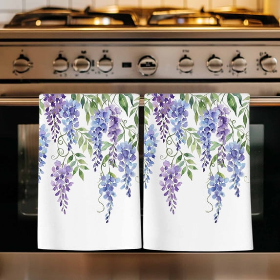Purple Weeping Flowers Kitchen Towels Set of 1, Spring Floral Elegant Pastoral Absorbent Dish Towels for Kitchen, Microfiber Hand Towel, Quick Drying Tea Towel for Cleaning Decorative Dishcloths