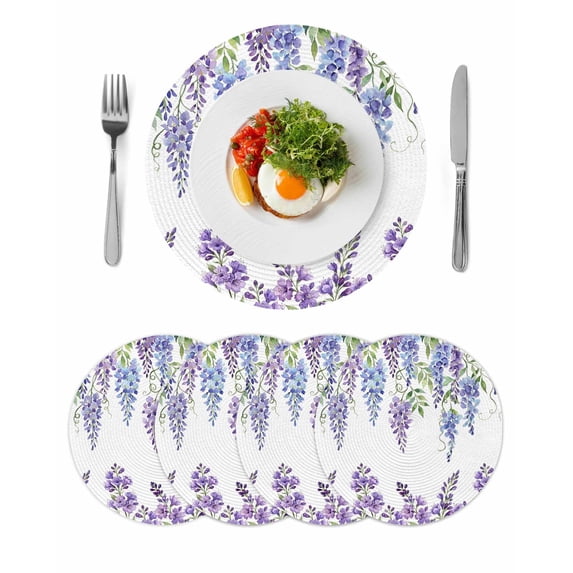 Purple Weeping Flowers Round 13 Inch Placemats Set of 4, Spring Floral Elegant Pastoral HeatResistant Non Slip Place Mats for Dining Table, Wipeable Braided Kitchen Table Mats for Housewarming