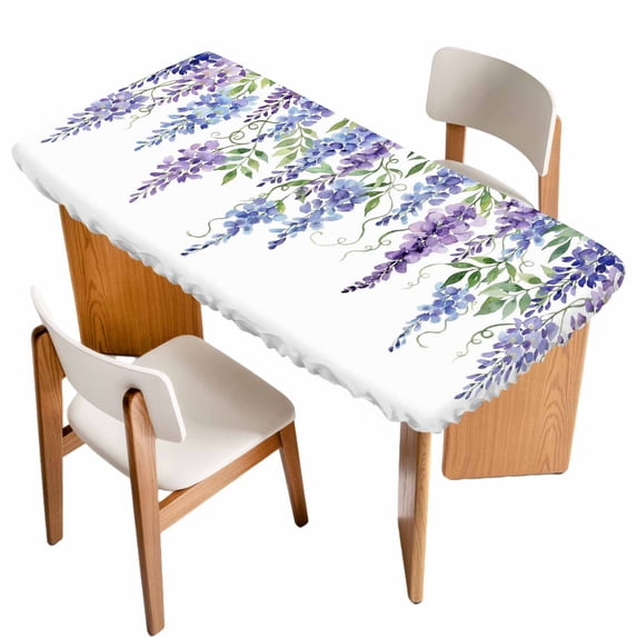 Purple Weeping Flowers Table Cloths for 3 Foot Rectangle Tables, Spring Floral Elegant Pastoral Patio Waterproof Elastic Fitted Tablecloths, Washable Rectangular Table Cover for Camping