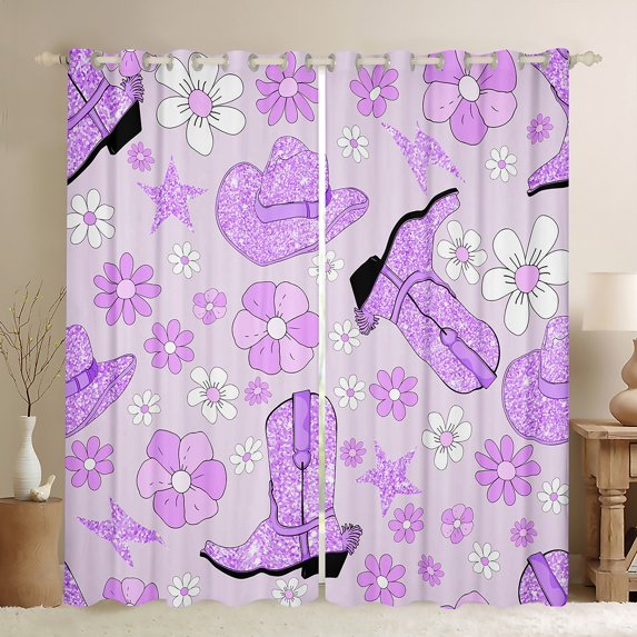 Purple Western Cowgirl Curtains,Glitter Cowgirl Boot Hat Curtains 30%-50% Blackout Bedroom Decor,Cute Groovy Flower Curtains Rustic Country Window Curtains 2 Panels 38"Wx54"L