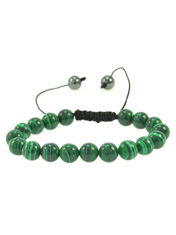 Adjustable Malachite Gemstone Beaded Bracelet, Green, Women, Men, Macrame Style Slip Adjustable Clasp
