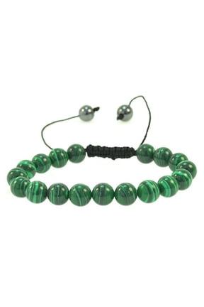 Adjustable Malachite Gemstone Beaded Bracelet, Green, Women, Men, Macrame Style Slip Adjustable Clasp