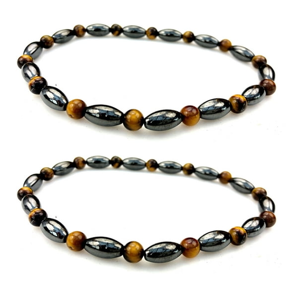 Purple Whale Hematite Bead, Tiger Eye Gemstone Protection Stretch Anklet Bracelet for Women Men - 9.5 inches, set of 2