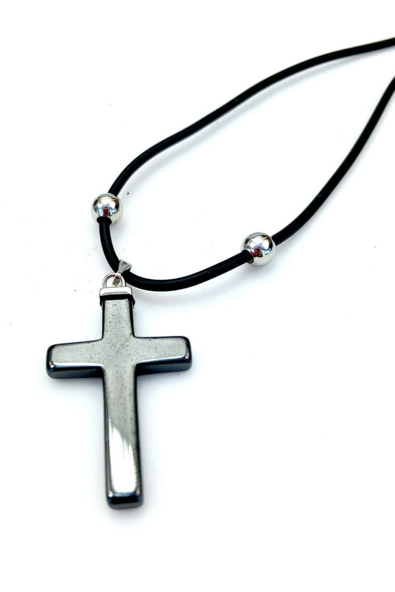 Large Hematite Cross Pendant Leather Necklace Choker - Unisex, Men, Women, 18 inches