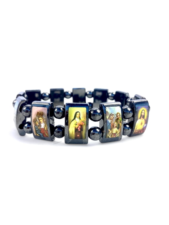 Unisex Religious Hematite Stretch Bracelet Assorted Images of Saints, Jesus, Guardian Angels, Ideal Catholic Jewelry Gift, Blue, 7-8 Inches