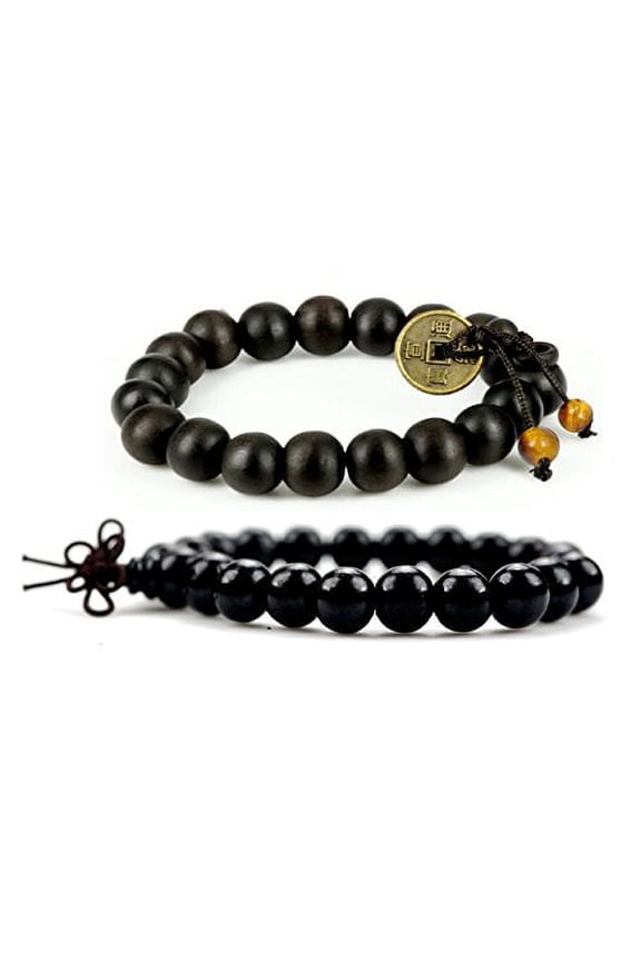 eng Shui Coin Bracelet for Men, Women, Wood Bead Bracelet for Protection, Meditation, Good Luck, Buddha Prayer Mala, Wooden Jewelry, Black, 7-8 Inches, 2 Pieces - w026