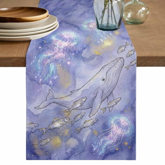 Purple Whales Coastal Cotton Linen Table Runner for Dining Kitchen, Beach Sea Ocean Nautical Wedding Outdoor Party Tablerunners Decoration, Dresser Scarf Coffee Tablecloth Runners 13x36 Inches