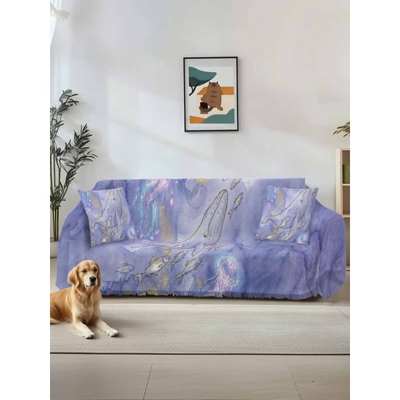 Purple Whales Coastal Couch Cover, Beach Sea Ocean Nautical Sofa Cover Blanket for Loveseat Couches, Sectional Sofa Slipcover Furniture Protector for Living Room Bedroom 71''x118''