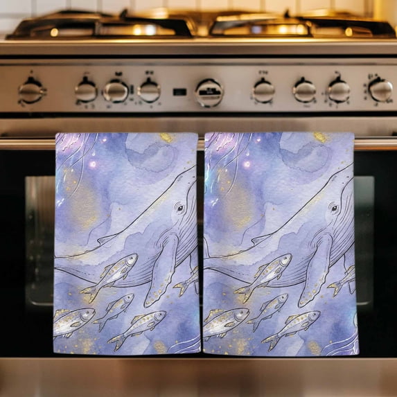 Purple Whales Coastal Kitchen Towels Set of 2, Beach Sea Ocean Nautical Absorbent Dish Towels for Kitchen, Microfiber Hand Towel, Quick Drying Tea Towel for Cleaning Decorative Dishcloths