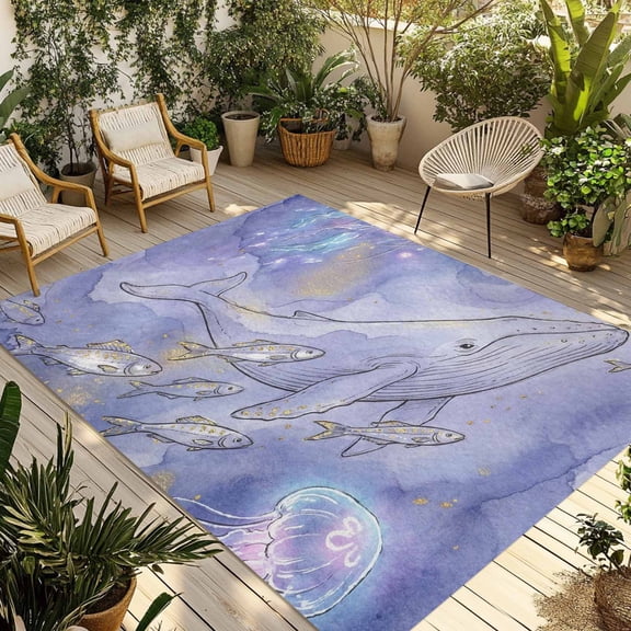 Purple Whales Coastal Outdoor Rug for Patio/Deck/Porch, Non-Slip Large Area Rug 4 x 6 Ft, Beach Sea Ocean Nautical Indoor Outdoor Rugs Washable Area Rugs, Reversible Camping Rug Carpet Runner