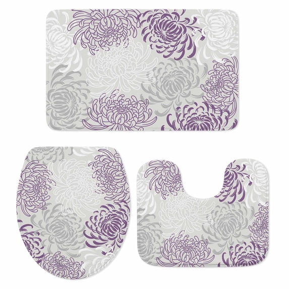 Purple White Bath Mat 3 Piece Bathroom Rug Set, Abstract Grey Chrysanthemum Flower Floral Non Slip Bath Rug Contour Mat and Toilet Lid Cover, Absorbent Shower Mats Soft Bath Rugs and Mats Sets