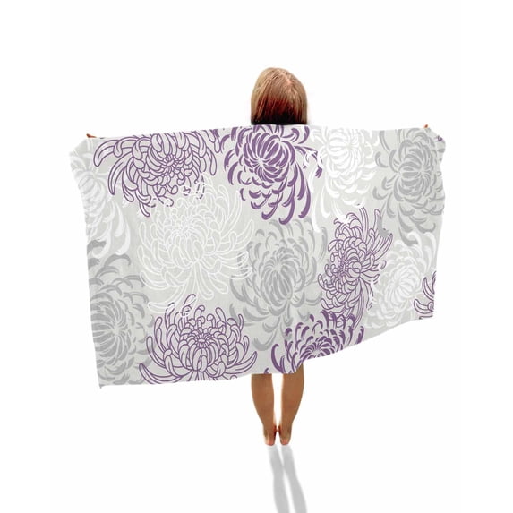 Purple White Beach Towels Oversized Super Absorbent, Abstract Grey Chrysanthemum Flower Floral Lightweight Bath Towel Quick Dry Sets For Bathroom/Pool/Rv Camping/Beach Play/Gym Room/Picnic 35"x70"