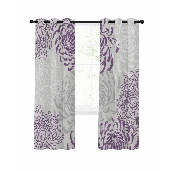 Purple White Blackout Curtains 39 Inches Long for Bedroom, Abstract Grey Chrysanthemum Flower Floral Thermal Insulated Room Darkening Black Out Window Curtain Panels Grommet Drapes for Living Room