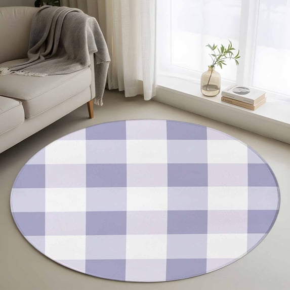 Purple White Buffalo Check 3.3ft Round Rug, Farmhouse Plaid Modern Geometric Non-Skid Rubber Backing Large Area Rugs - Living Room Bedroom Home Office, Indoor Floor Mat Carpets Washable Rug