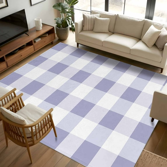 Purple White Buffalo Check 6x9 Area Rugs, Farmhouse Plaid Modern Geometric Non-Skid Rubber Backing Large Rectangle Rugs - Living Room Bedroom Home Office, Indoor Floor Mat Carpets Washable Rug