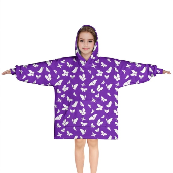 Purple White Butterfly Pattern Blanket Hoodies for Kids 6-13YR Oversize Wearable Blanket Hoodies for Boys Girls Teens