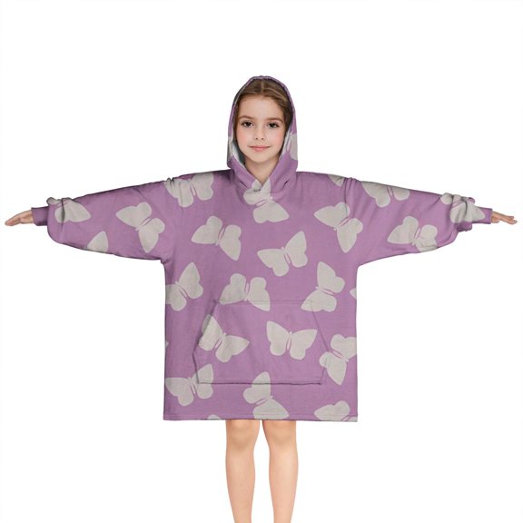 Purple White Butterfly Pattern Blanket Hoodies for Kids 6-13YR Oversize Wearable Blanket Hoodies for Boys Girls Teens