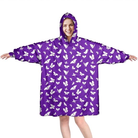 Purple White Butterfly Pattern Wearable Oversized Blanket,Wearable Blanket Hoodie for Adults,Cozy Hooded Blankets with Super Pockets,Super Warm Fuzzy Pullover for Women & Men