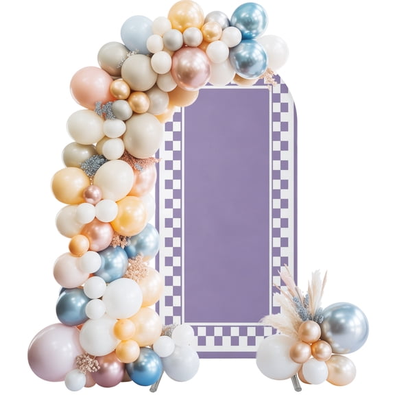 Purple White Checkerboard Border Pattern Wedding Arch Backdrop Cover 4FT ,Spandex Fitted Frame Design Wedding Arch Covers Round Top Chiara Arches Backdrop Stand Cover for Birthday Party Ceremony