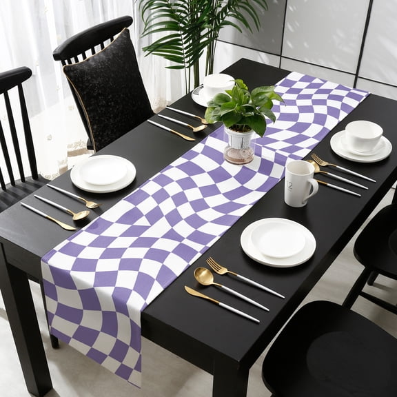 Purple White Checkered Cotton Linen Table Runner 13 x 90 inch Modern Irregular Geometric Non-slip Rectangular Dining Table Decor for Wedding Party Holiday Dinner