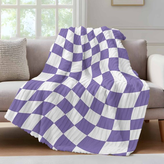 Purple White Checkered Fleece Throw Blanket for Couch, Modern Irregular Geometric Microfiber Flannel Blanket for All Season, Lightweight Soft Throw Blankets for Baby, Kids, Pets, 30"x40"