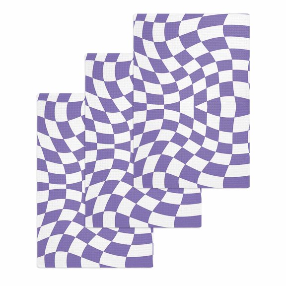 Purple White Checkered Hand Towels Set, Waffle Weave Kitchen Towels 3 Pieces, Modern Irregular Geometric Microfiber Hair Face Bath Tea Towel Absorbent Quick Drying Cleaning Dish Cloths, 15.7"x23.6"