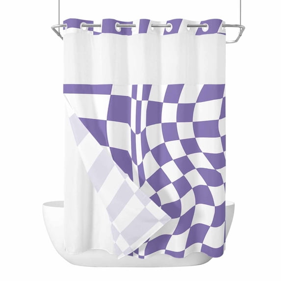 Purple White Checkered No Hook Shower Curtain Waterproof, Bathroom Curtains with Snap in Liners and See Through Top Window, Modern Irregular Geometric Hotel Style Bathtub Curtains Shower 60"Wx72"L