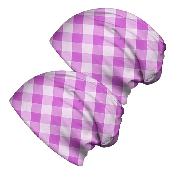 Purple and White Checkered Pattern 2 Pack Slouchy Beanie Hat, Warm Winter Skull Cap with Stretchy Fabric & Soft Texture, Heat Retaining Gifts for Birthday Christmas Thanksgiving