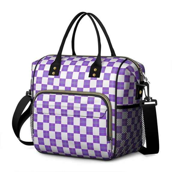 Purple and White Checkered Pattern Insulated Leakproof Lunch Box for Women, Large Lunch Bag for Tween Teen Adult, Loncheras Para Mujer for Work Beach Travel Picnic Camping
