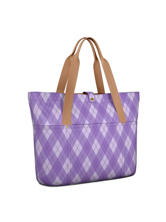 Purple and White Checkered Pattern Large Tote Bag for Women, Polyester Roomy Carryall with Pockets and Zipper, Durable Gifts Ideas for Christmas Birthday